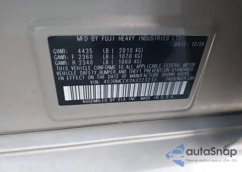 2010 Subaru Legacy 2.5I Premium z USA, uszkodzony, nr VIN 4S3BMCC63A3223213